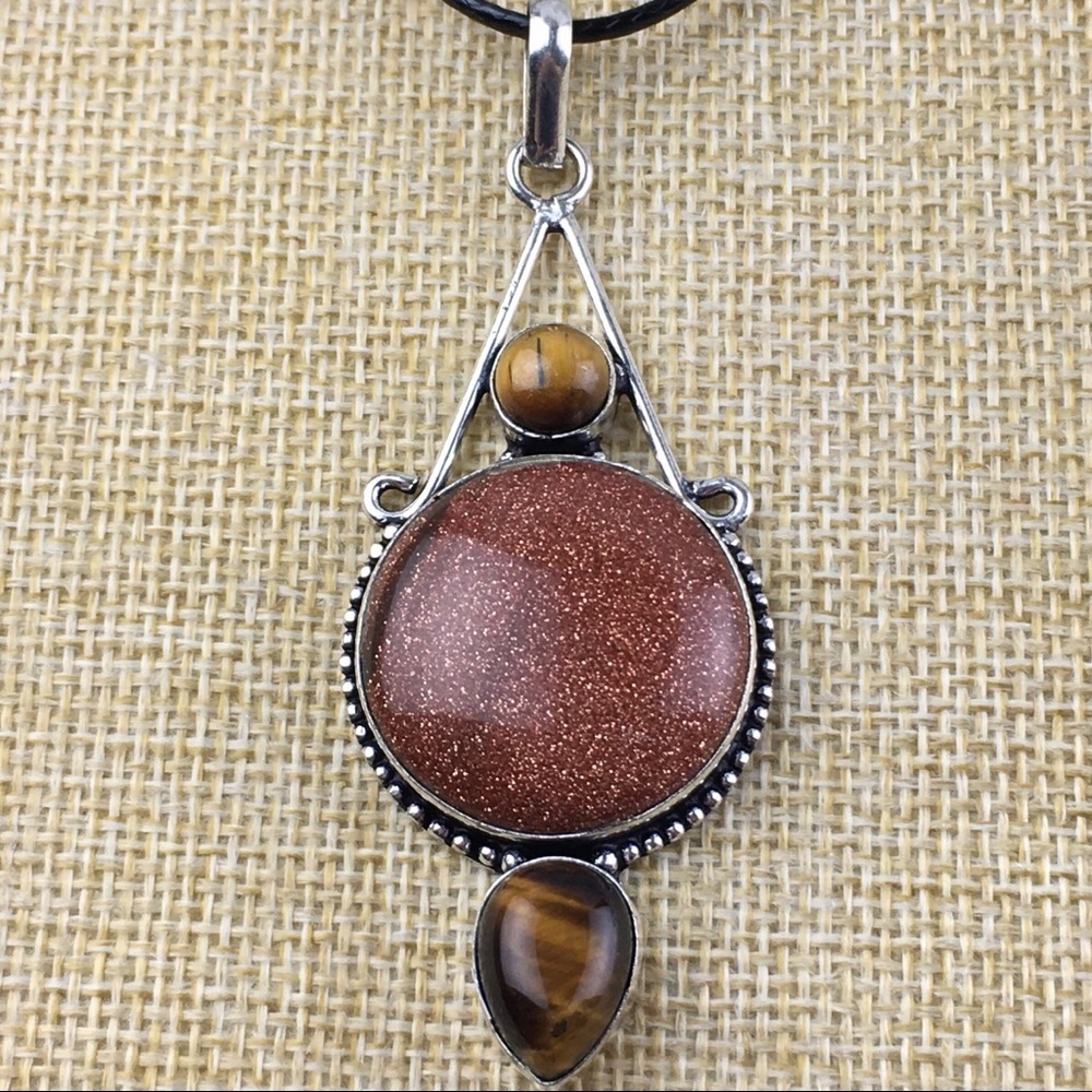 Brown Goldstone and Tiger Eye Pendant Necklace - Women's Brown Gemstone Necklace